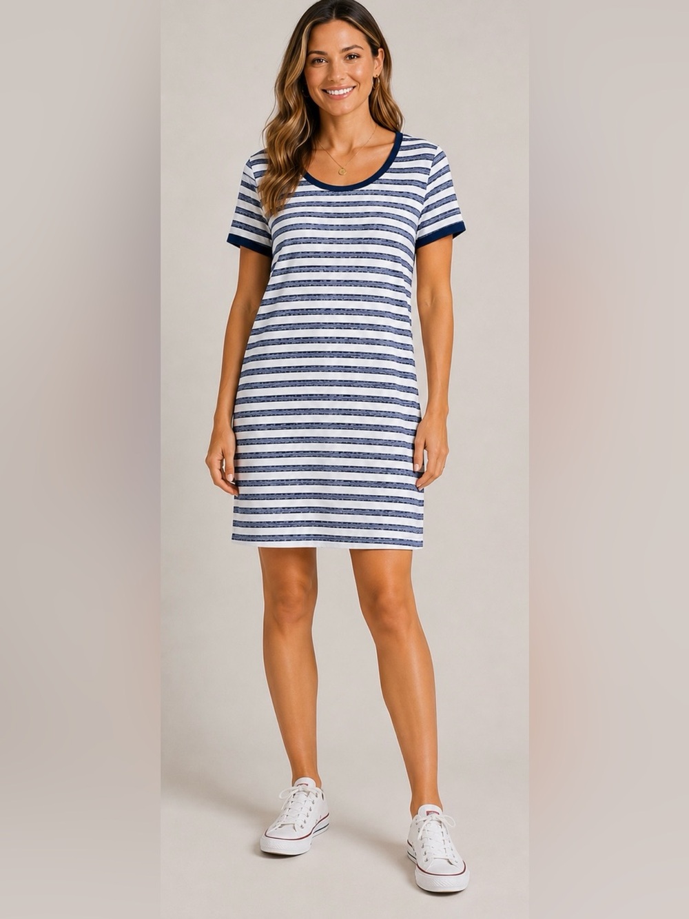 Market & Spruce Women’s L Navy White Striped Knit T-Shirt Dress Casual